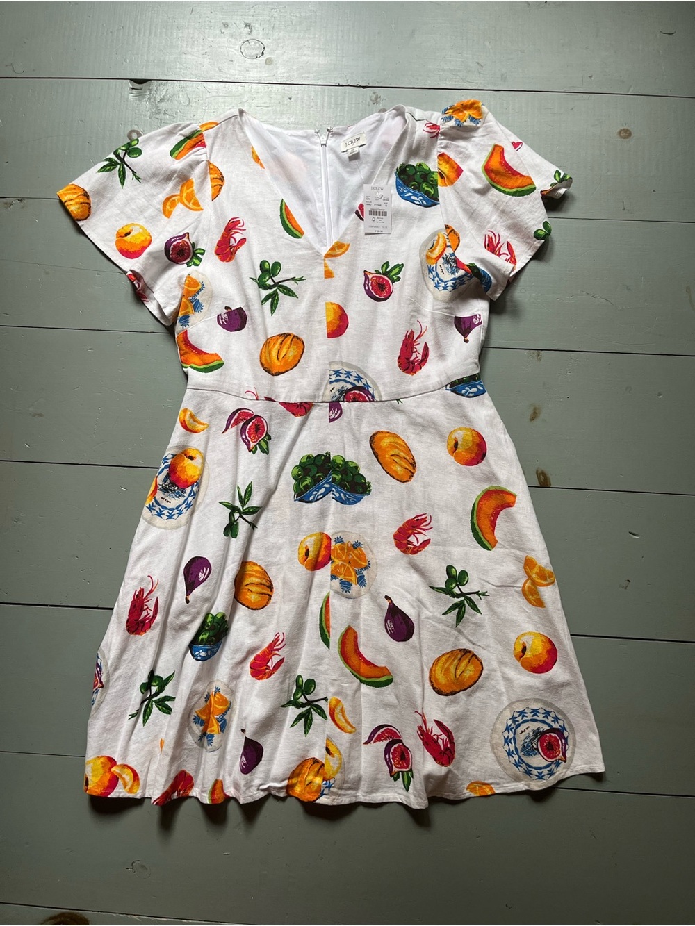J. Crew White Fruit & Floral Sundress with Vibrant Accents